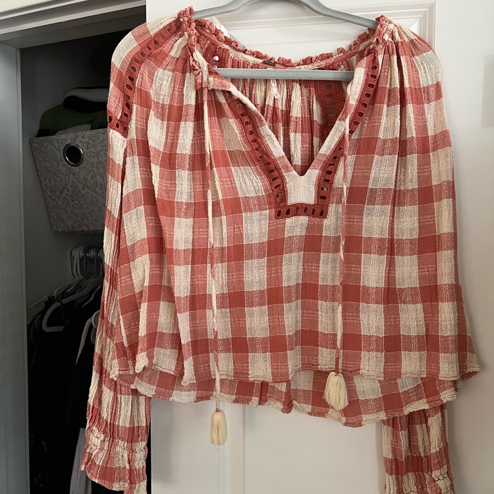 Free People Plaid tie-front blouse